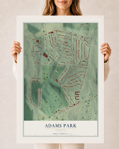 Adams Park, Georgia map print, 24" x 36" W/ White Ayous Wood Frame mockup