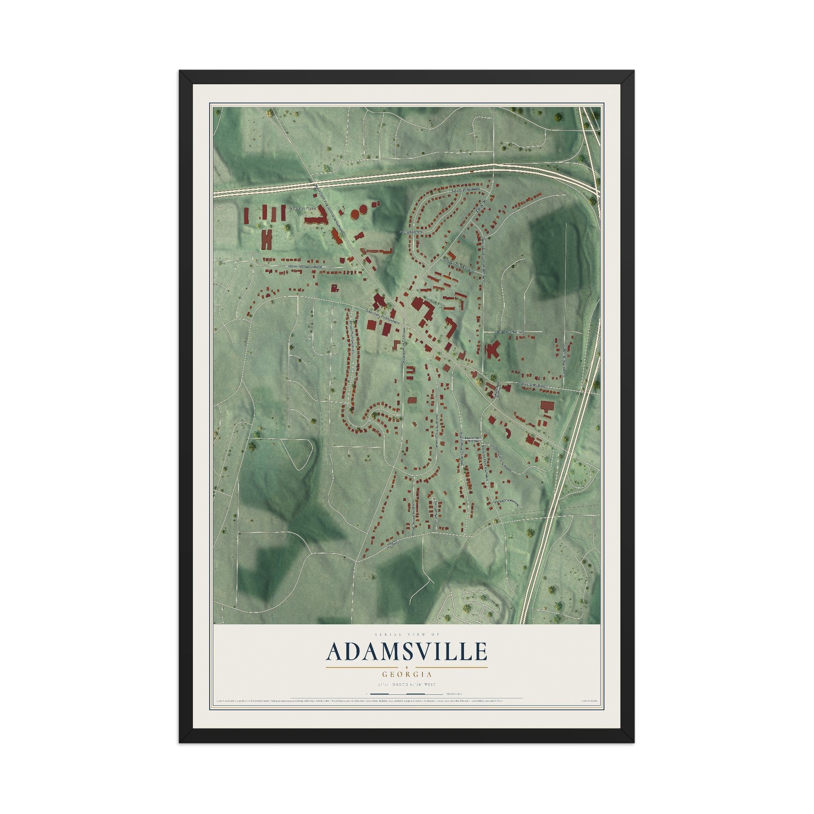 Adamsville, Georgia map print, 12" x 18" W/ Black Ayous Wood Frame mockup