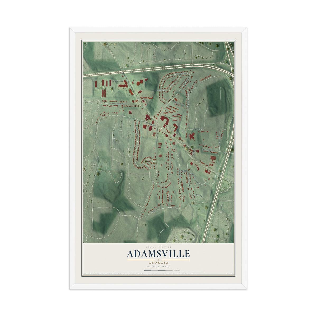 Adamsville, Georgia map print, 12" x 18" W/ White Ayous Wood Frame mockup