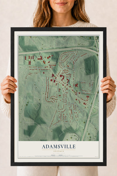 Adamsville, Georgia map print, 18" x 24" W/ Black Ayous Wood Frame mockup