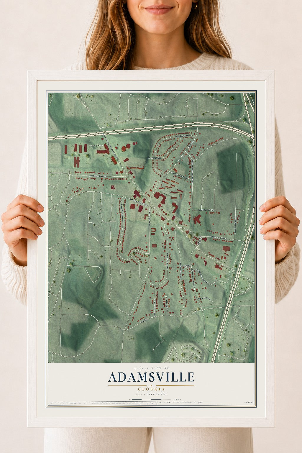 Adamsville, Georgia map print, 18" x 24" W/ White Ayous Wood Frame mockup