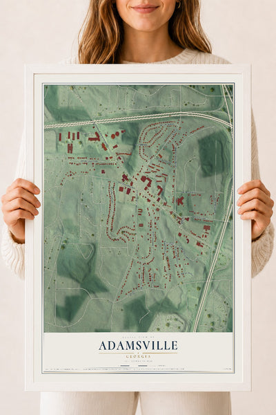Adamsville, Georgia map print, 18" x 24" W/ White Ayous Wood Frame mockup