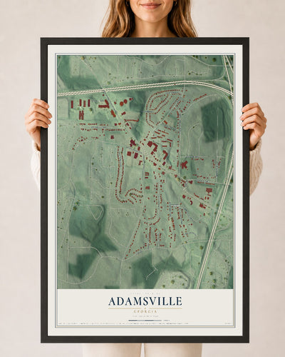 Adamsville, Georgia map print, 24" x 36" W/ Black Ayous Wood Frame mockup
