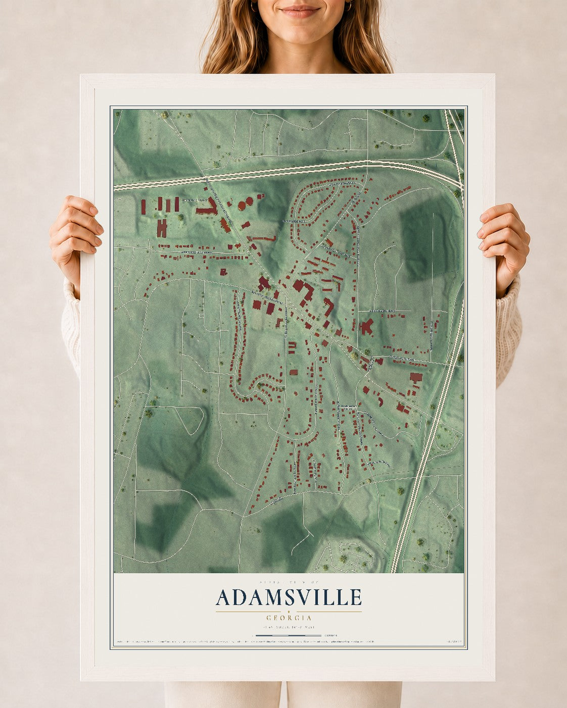 Adamsville, Georgia map print, 24" x 36" W/ White Ayous Wood Frame mockup