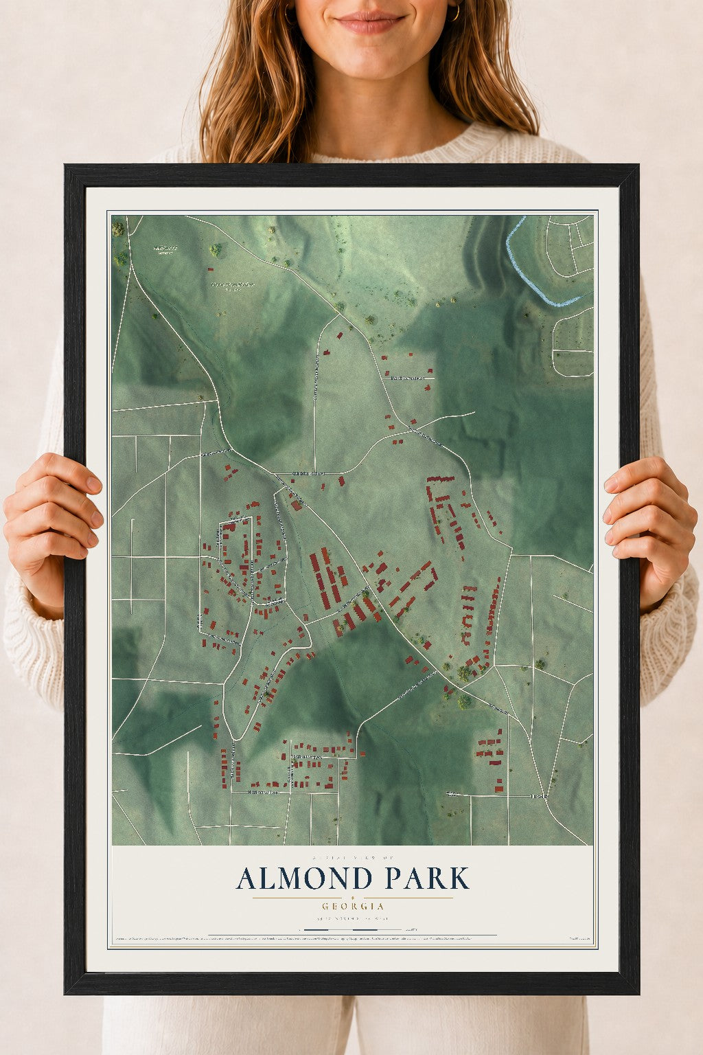 Almond Park, Georgia map print, 18" x 24" W/ Black Ayous Wood Frame mockup