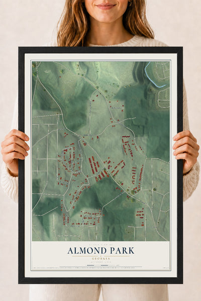 Almond Park, Georgia map print, 18" x 24" W/ Black Ayous Wood Frame mockup