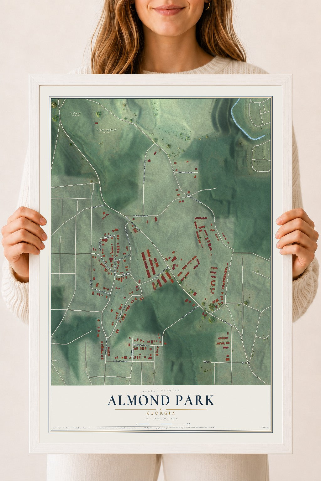 Almond Park, Georgia map print, 18" x 24" W/ White Ayous Wood Frame mockup