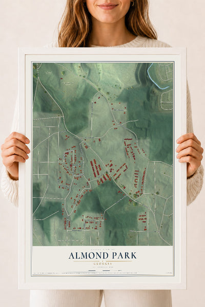 Almond Park, Georgia map print, 18" x 24" W/ White Ayous Wood Frame mockup