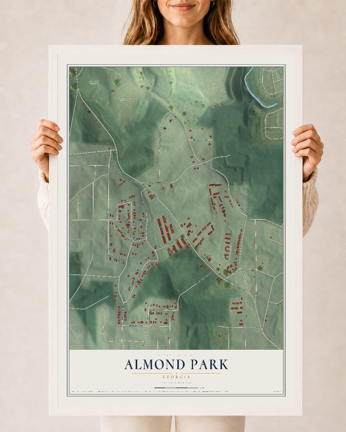 Almond Park, Georgia map print, 24" x 36" W/ White Ayous Wood Frame mockup