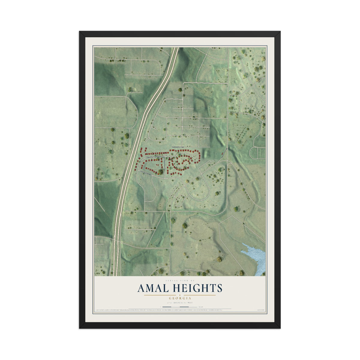 Amal Heights, Georgia map print, 12" x 18" W/ Black Ayous Wood Frame mockup