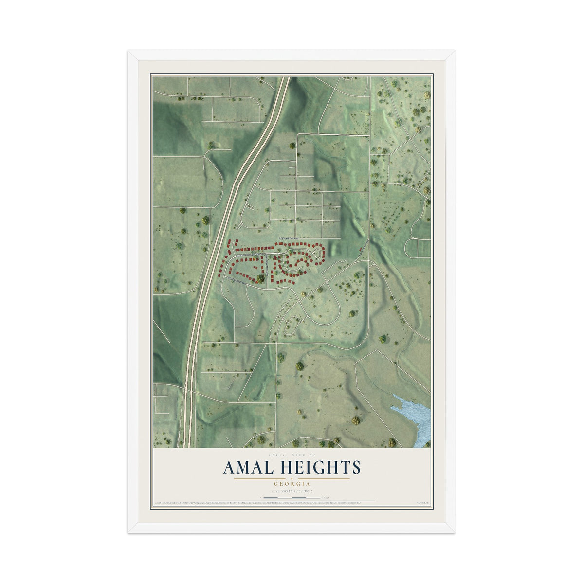 Amal Heights, Georgia map print, 12" x 18" W/ White Ayous Wood Frame mockup