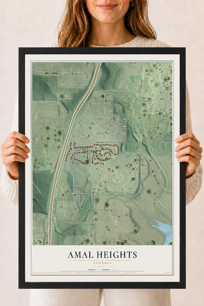Amal Heights, Georgia map print, 18" x 24" W/ Black Ayous Wood Frame mockup