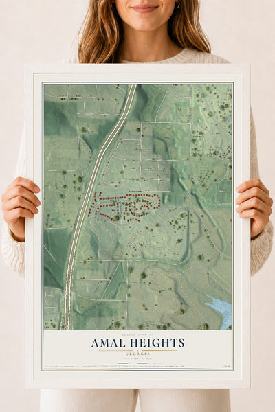 Amal Heights, Georgia map print, 18" x 24" W/ White Ayous Wood Frame mockup