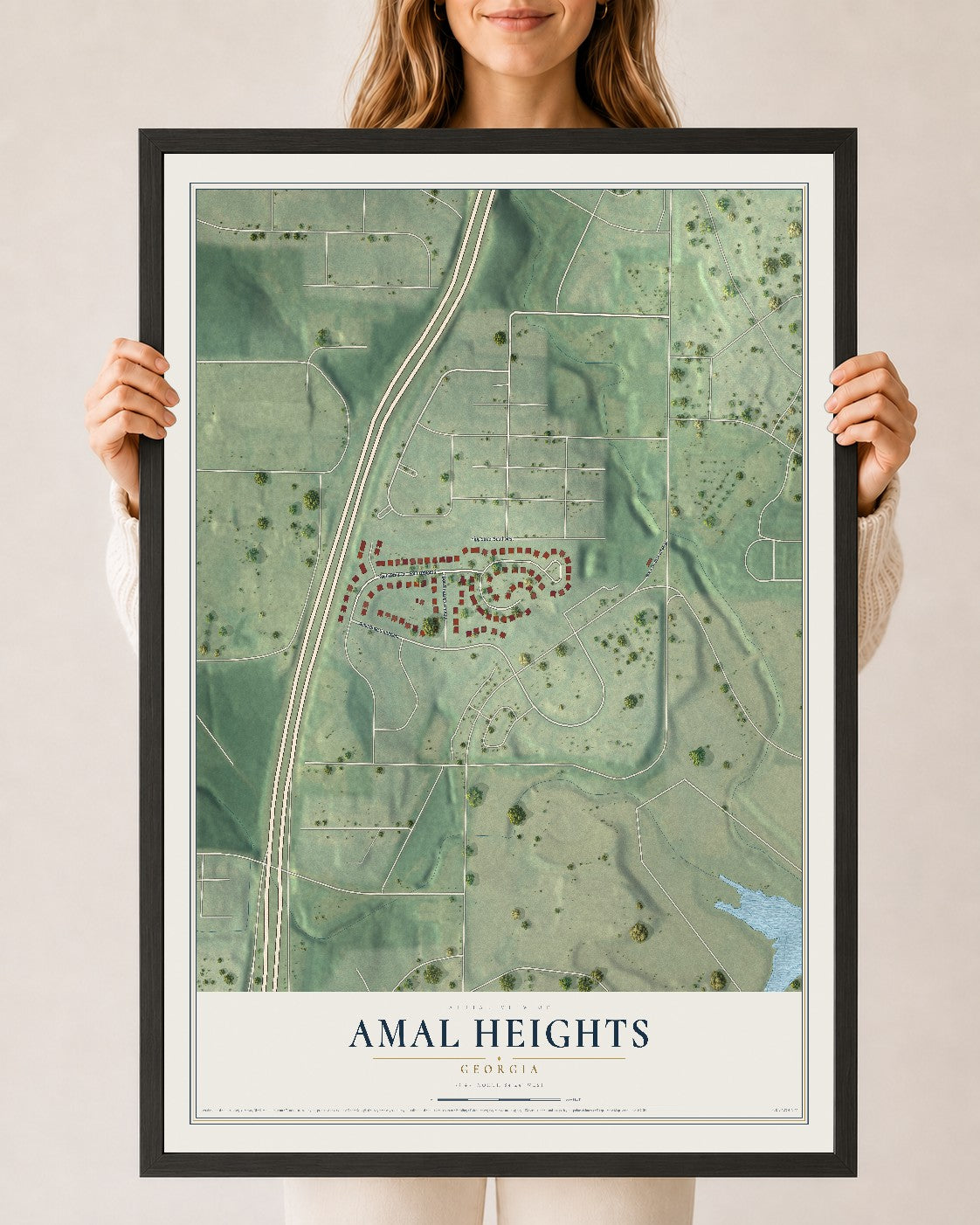 Amal Heights, Georgia map print, 24" x 36" W/ Black Ayous Wood Frame mockup