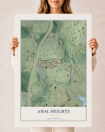 Amal Heights, Georgia map print, 24" x 36" W/ White Ayous Wood Frame mockup