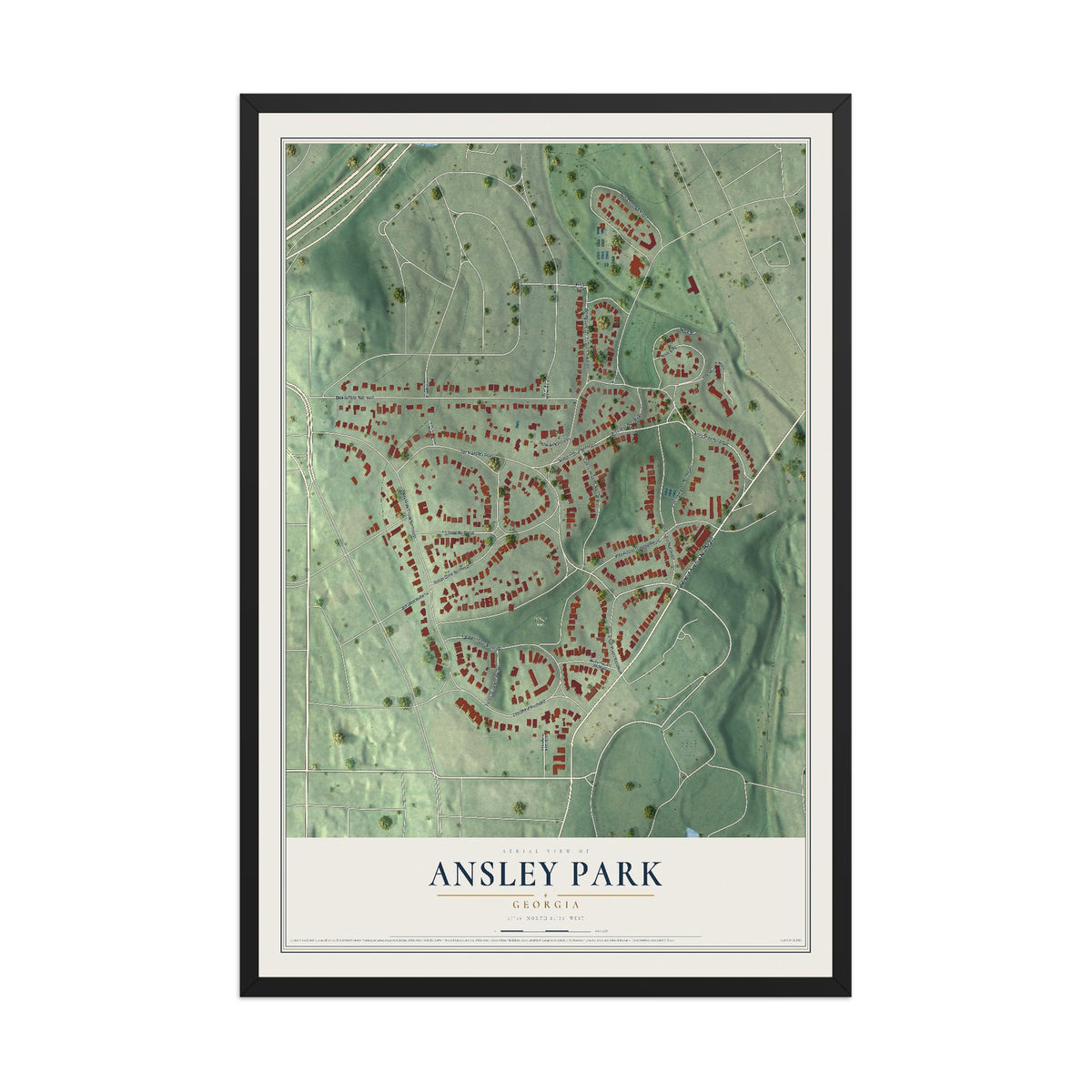 Ansley Park, Georgia map print, 12" x 18" W/ Black Ayous Wood Frame mockup