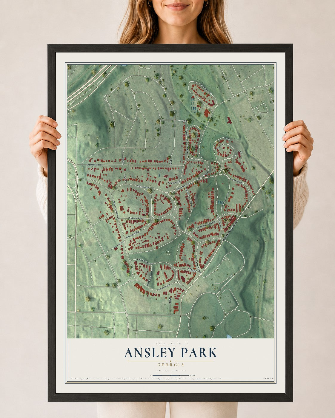 Ansley Park, Georgia map print, 24" x 36" W/ Black Ayous Wood Frame mockup