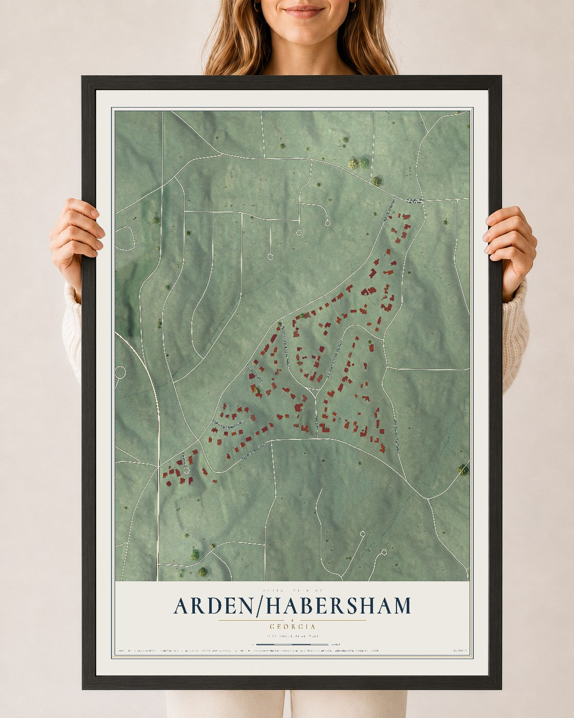 Arden-Habersham, Georgia map print, 24" x 36" W/ Black Ayous Wood Frame mockup