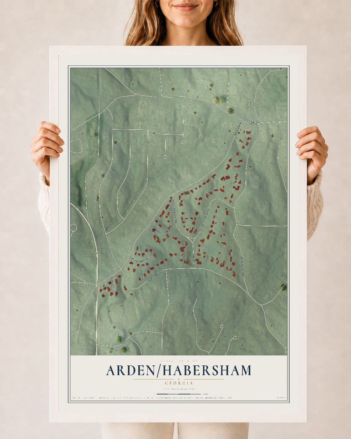 Arden-Habersham, Georgia map print, 24" x 36" W/ White Ayous Wood Frame mockup
