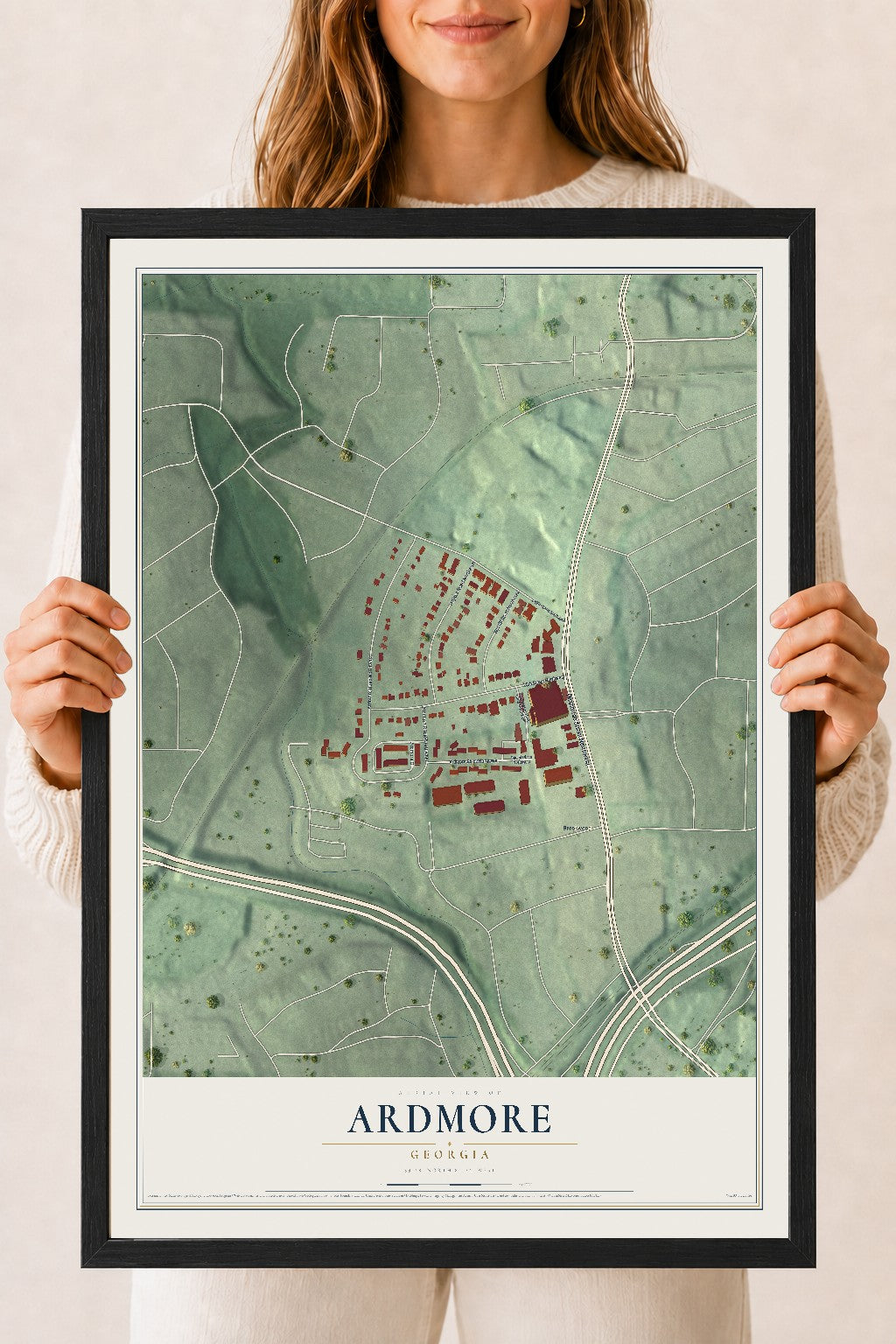 Ardmore, Georgia map print, 18" x 24" W/ Black Ayous Wood Frame mockup