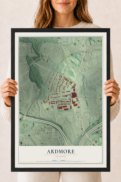 Ardmore, Georgia map print, 18" x 24" W/ Black Ayous Wood Frame mockup
