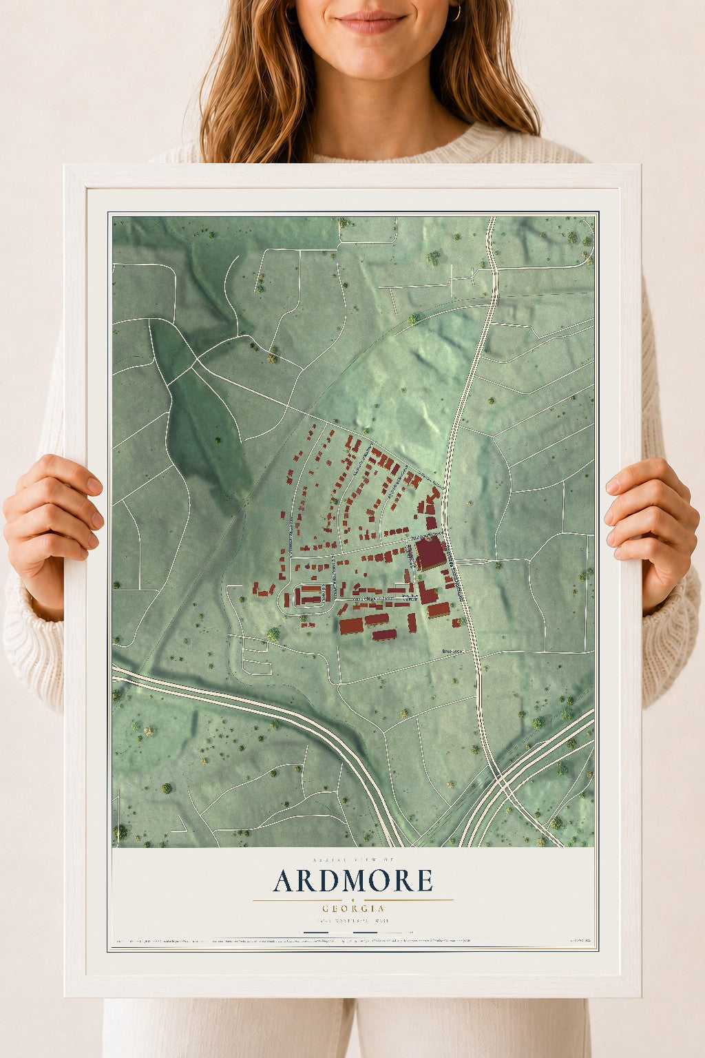 Ardmore, Georgia map print, 18" x 24" W/ White Ayous Wood Frame mockup