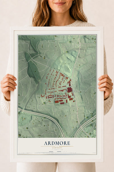 Ardmore, Georgia map print, 18" x 24" W/ White Ayous Wood Frame mockup