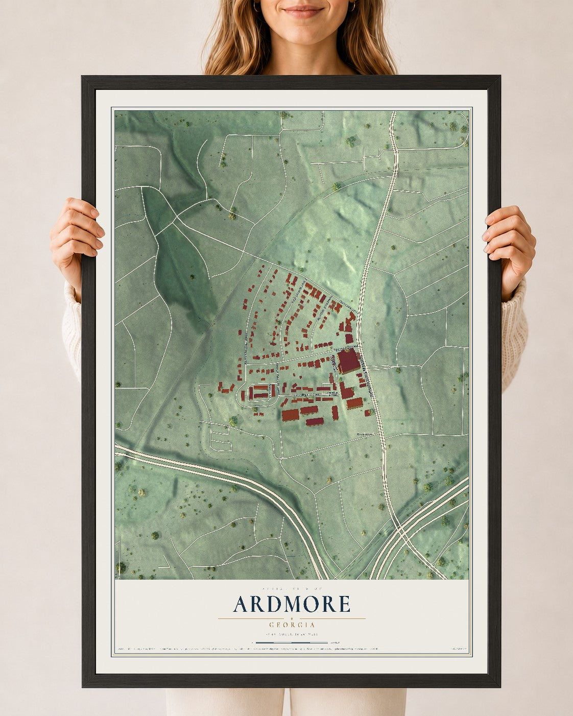 Ardmore, Georgia map print, 24" x 36" W/ Black Ayous Wood Frame mockup