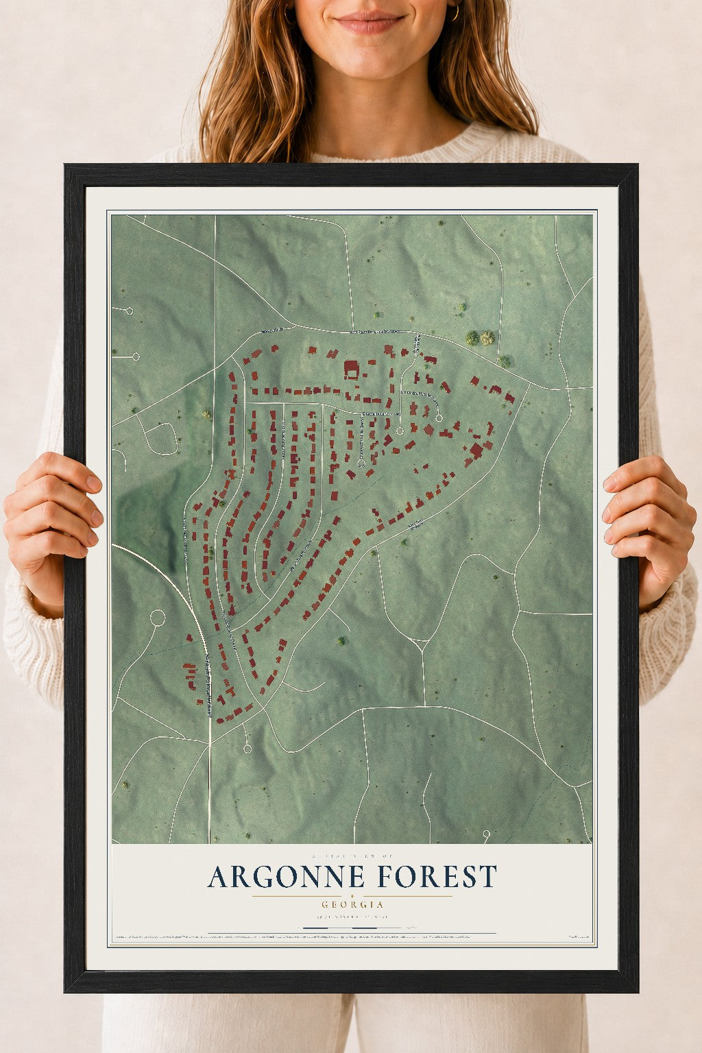 Argonne Forest, Georgia map print, 18" x 24" W/ Black Ayous Wood Frame mockup