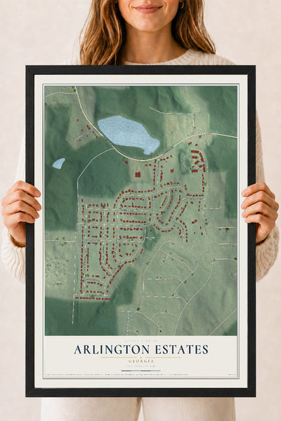 Arlington Estates, Georgia map print, 18" x 24" W/ Black Ayous Wood Frame mockup
