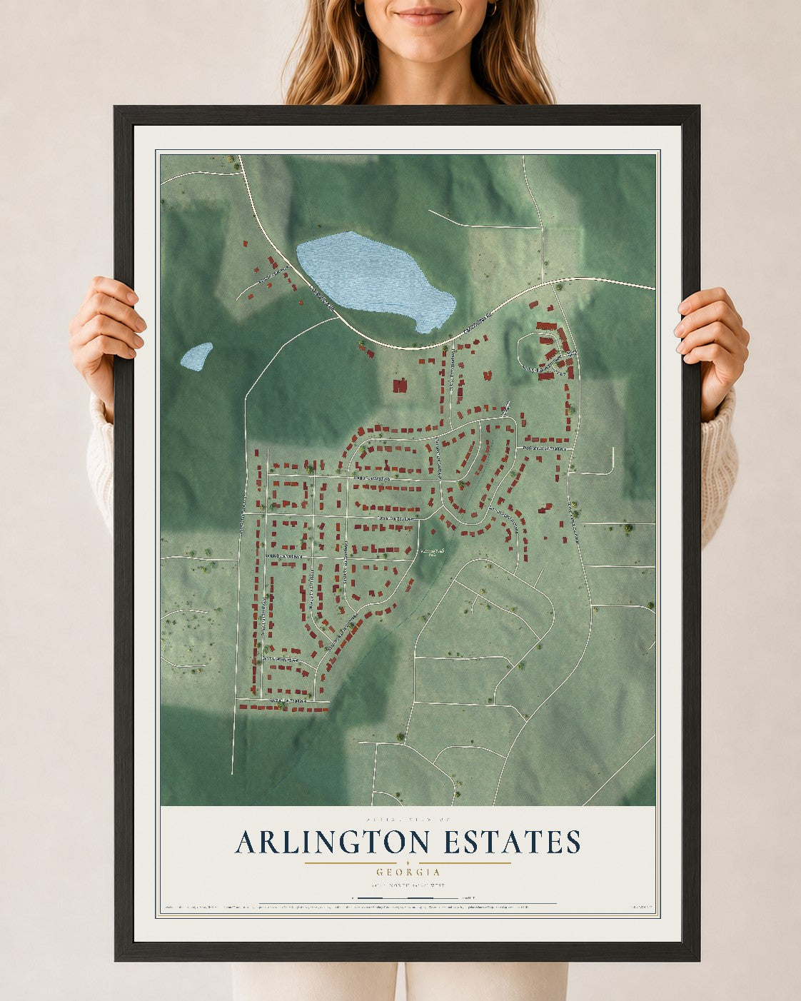 Arlington Estates, Georgia map print, 24" x 36" W/ Black Ayous Wood Frame mockup