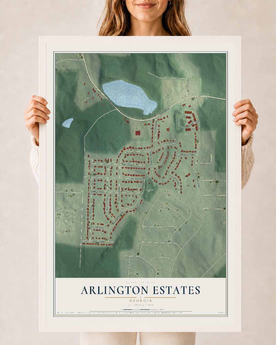 Arlington Estates, Georgia map print, 24" x 36" W/ White Ayous Wood Frame mockup