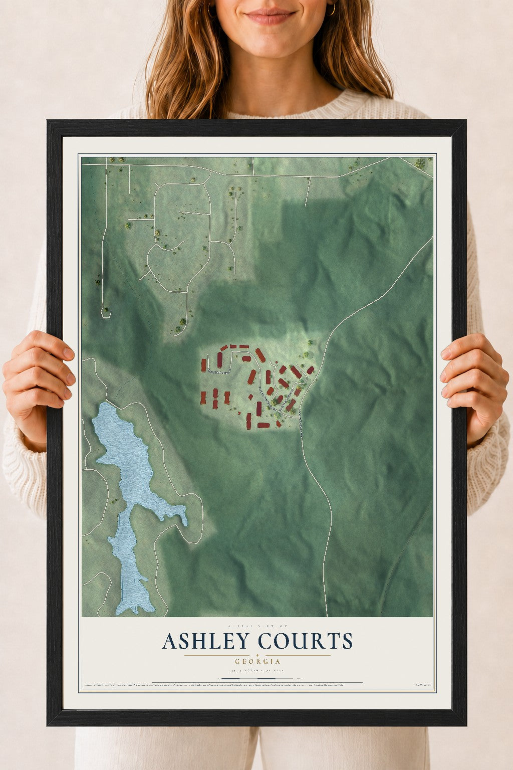 Ashley Courts, Georgia map print, 18" x 24" W/ Black Ayous Wood Frame mockup