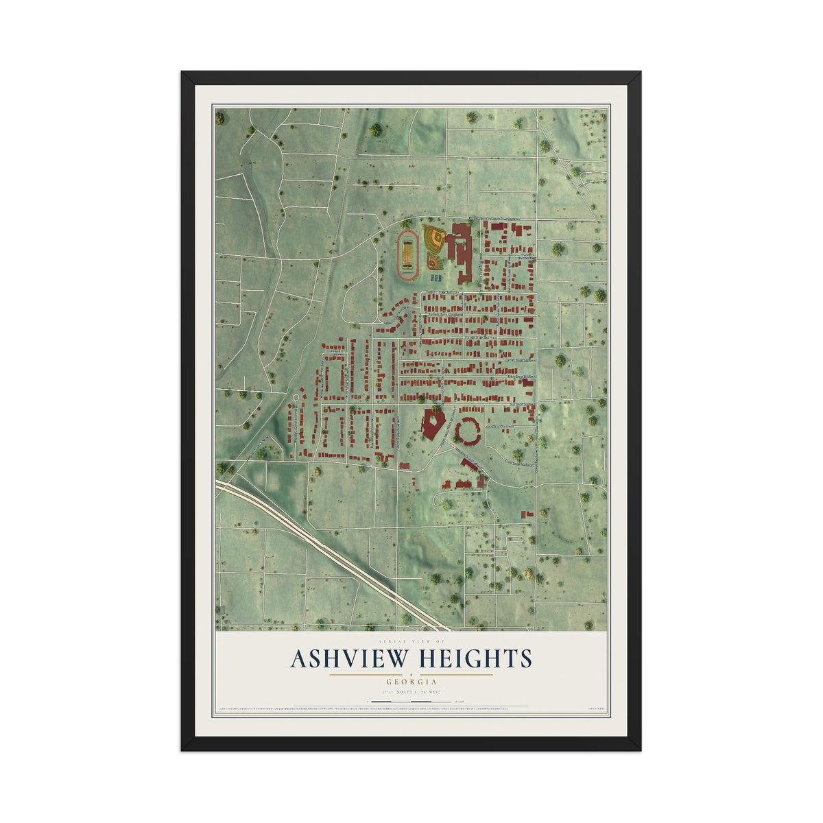 Ashview Heights, Georgia map print, 12" x 18" W/ Black Ayous Wood Frame mockup