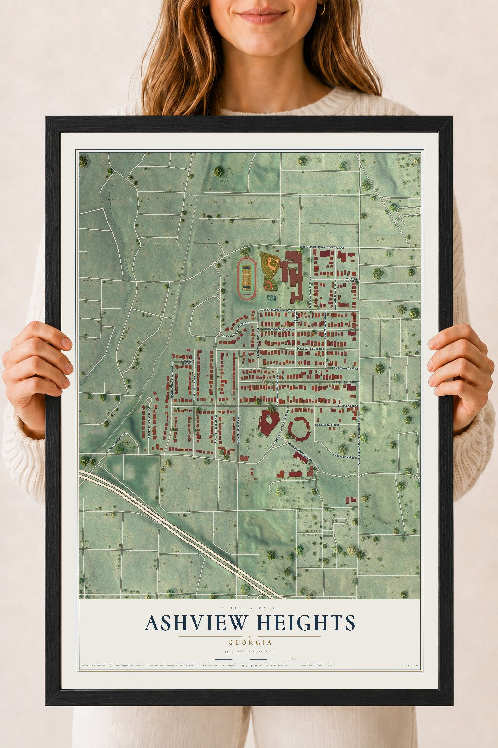 Ashview Heights, Georgia map print, 18" x 24" W/ Black Ayous Wood Frame mockup