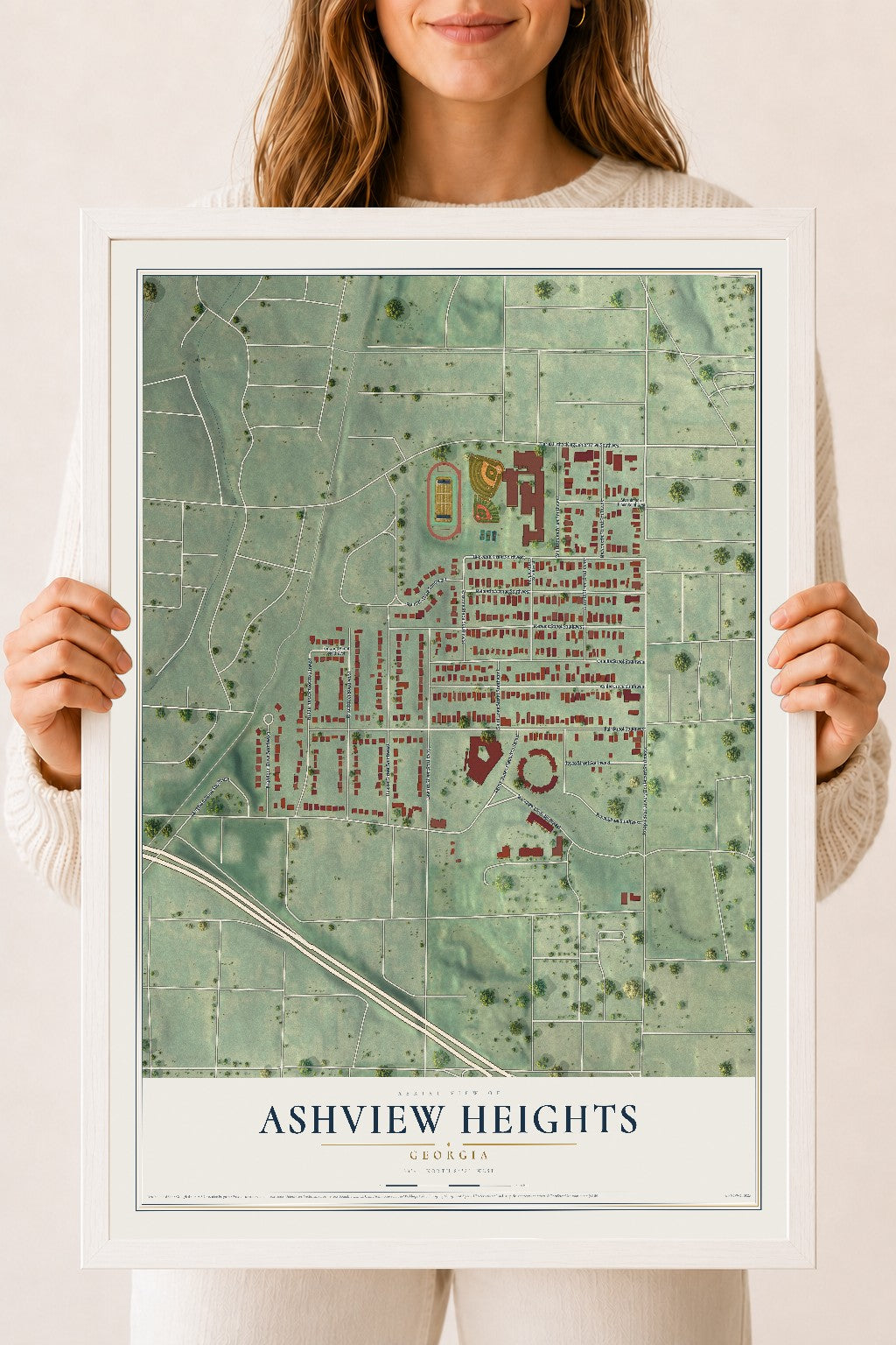 Ashview Heights, Georgia map print, 18" x 24" W/ White Ayous Wood Frame mockup