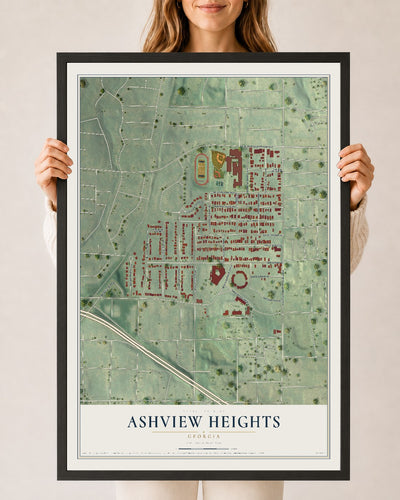 Ashview Heights, Georgia map print, 24" x 36" W/ Black Ayous Wood Frame mockup