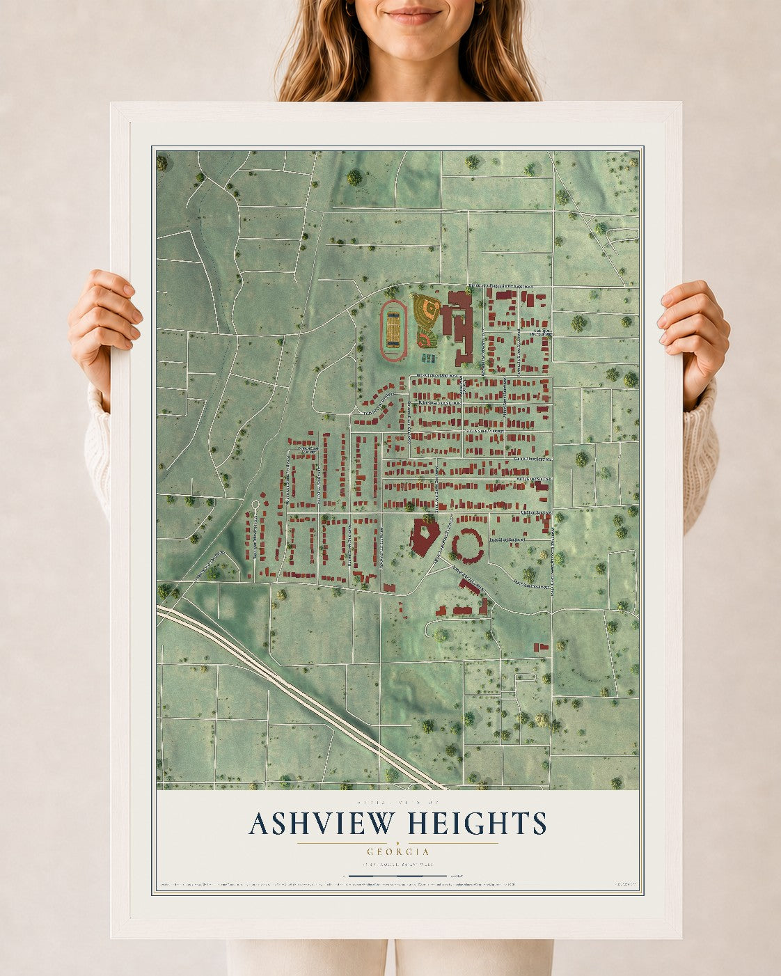 Ashview Heights, Georgia map print, 24" x 36" W/ White Ayous Wood Frame mockup