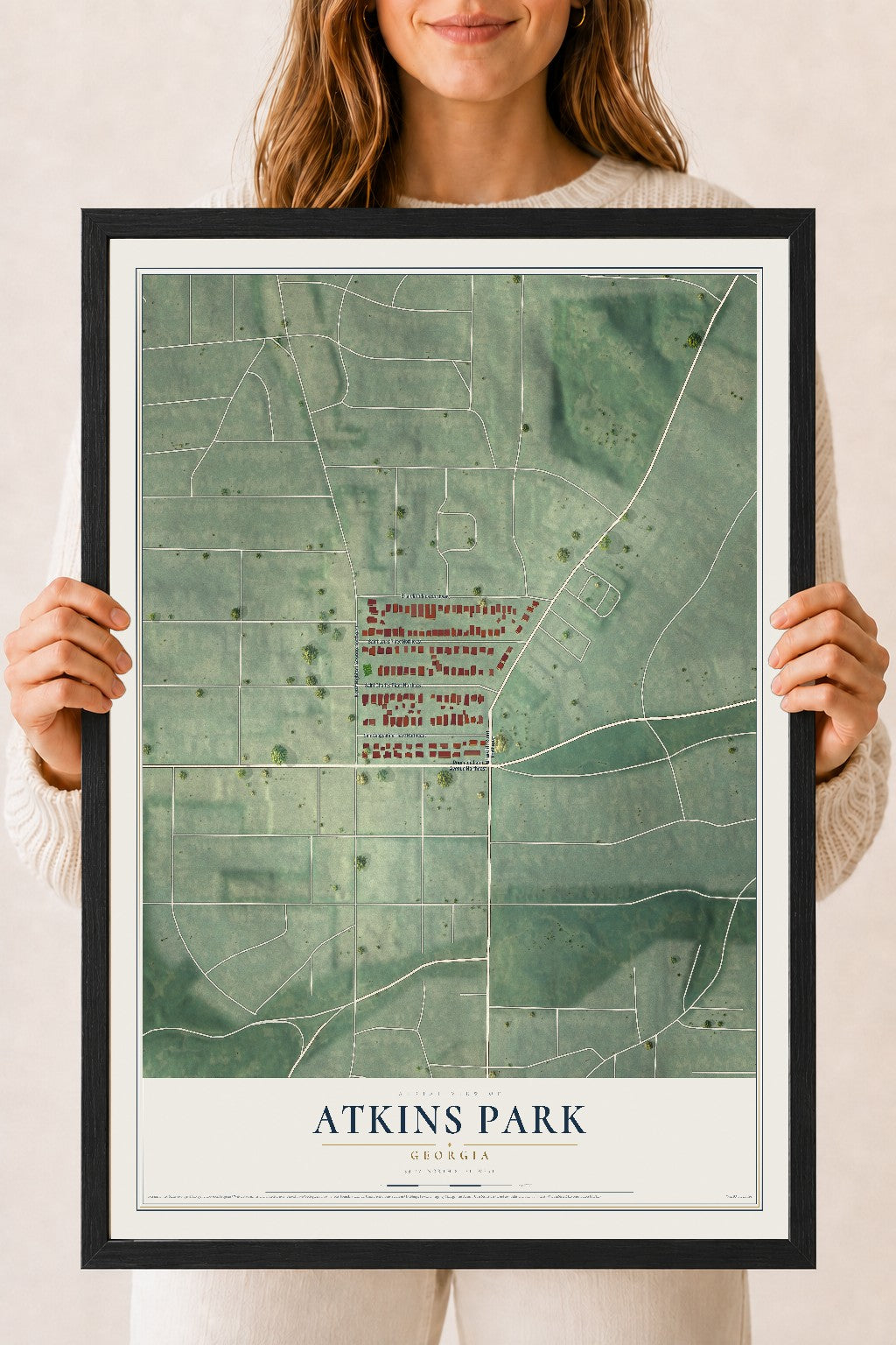 Atkins Park, Georgia map print, 18" x 24" W/ Black Ayous Wood Frame mockup
