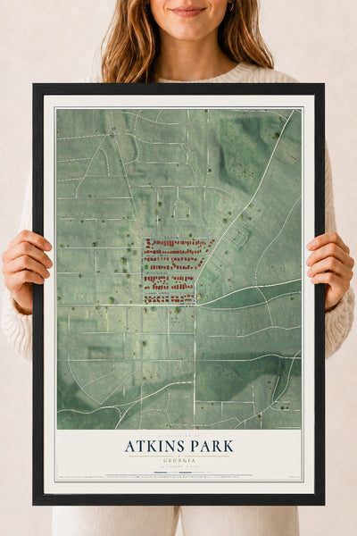 Atkins Park, Georgia map print, 18" x 24" W/ Black Ayous Wood Frame mockup