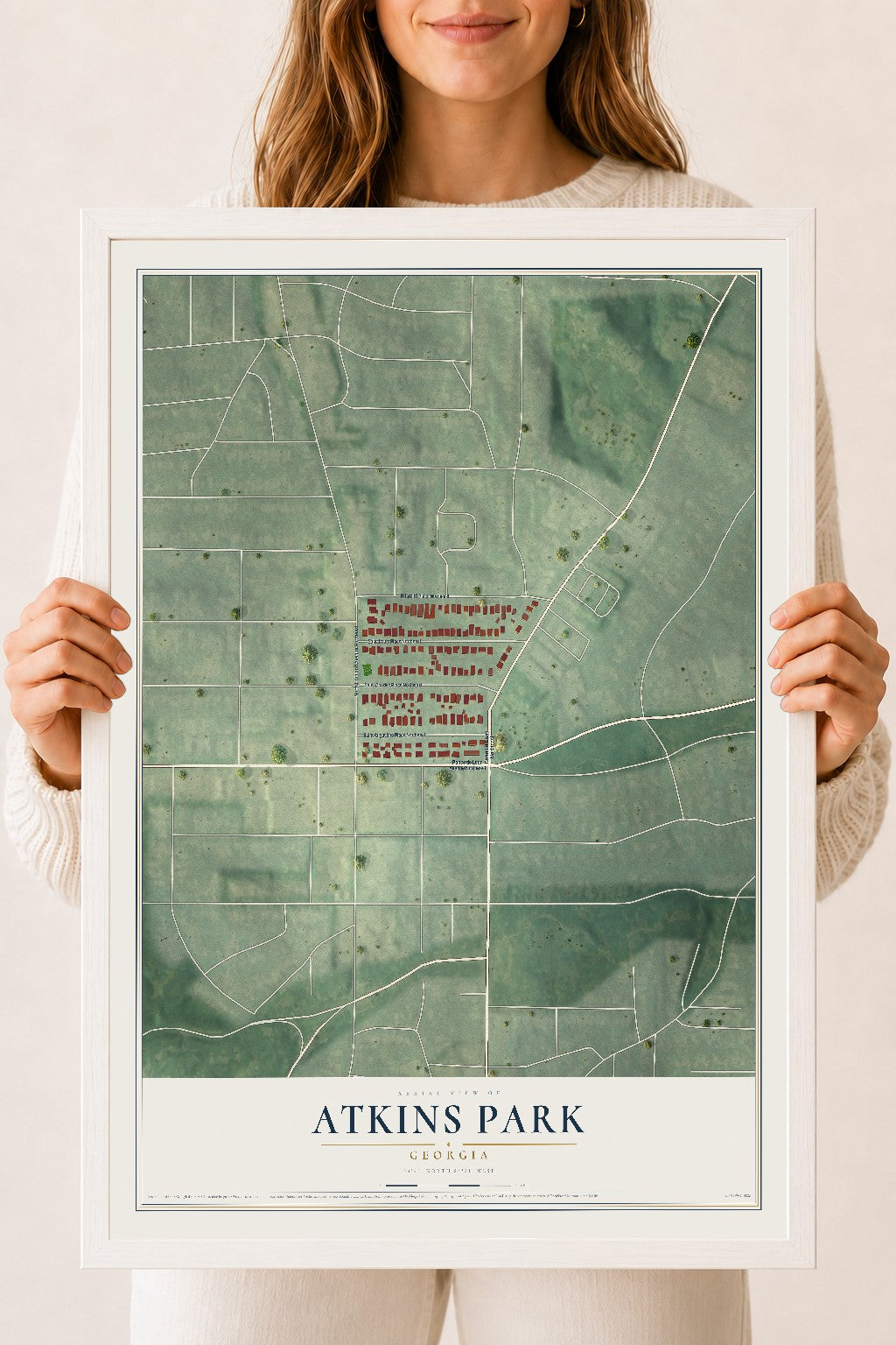 Atkins Park, Georgia map print, 18" x 24" W/ White Ayous Wood Frame mockup