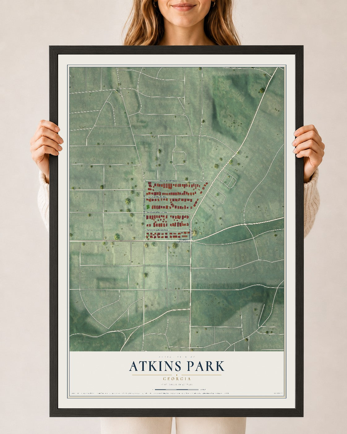 Atkins Park, Georgia map print, 24" x 36" W/ Black Ayous Wood Frame mockup