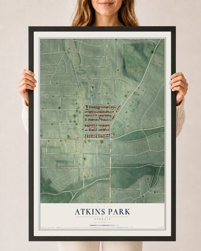 Atkins Park, Georgia map print, 24" x 36" W/ Black Ayous Wood Frame mockup