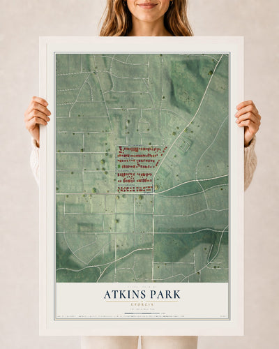 Atkins Park, Georgia map print, 24" x 36" W/ White Ayous Wood Frame mockup