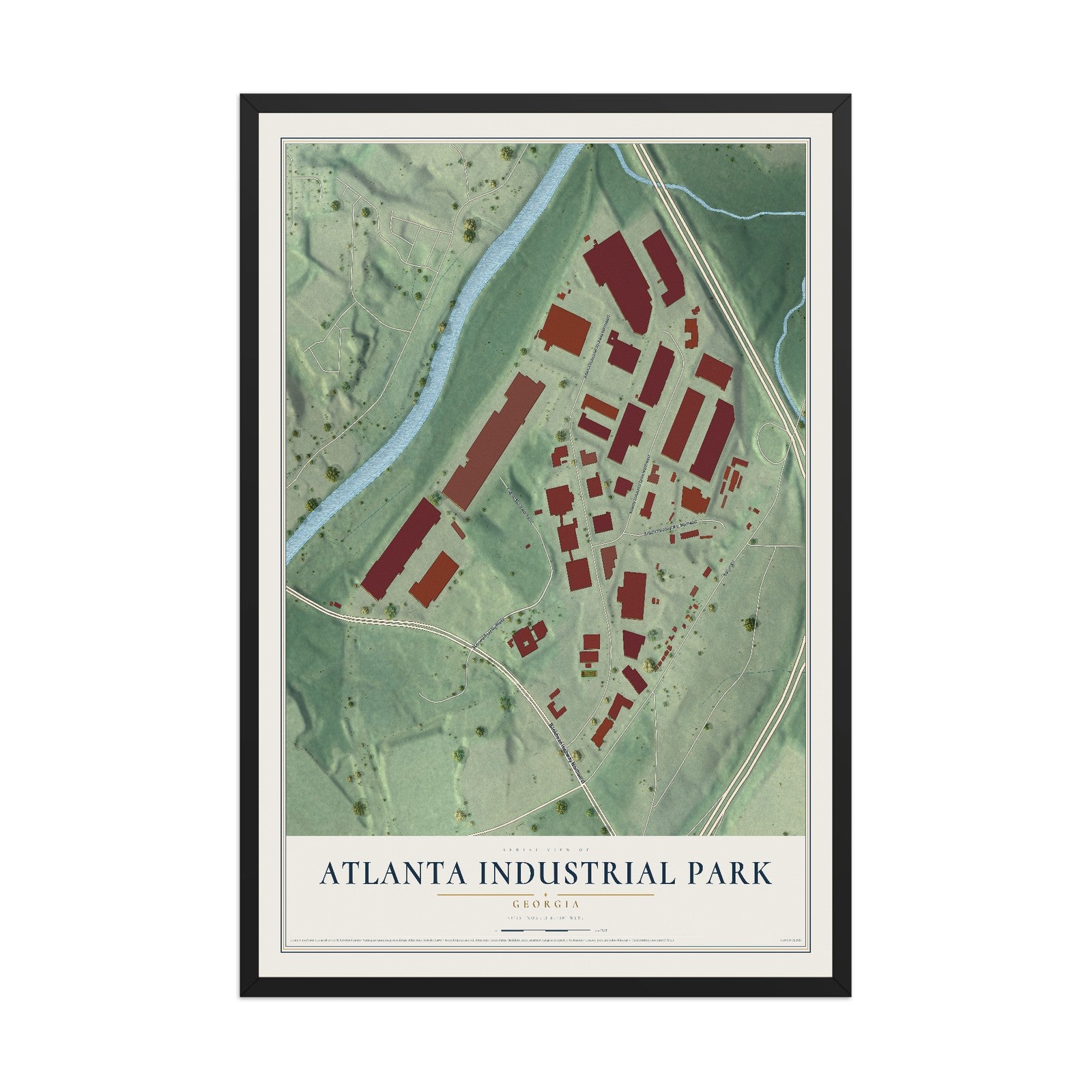 Atlanta Industrial Park, Georgia map print, 12" x 18" W/ Black Ayous Wood Frame mockup