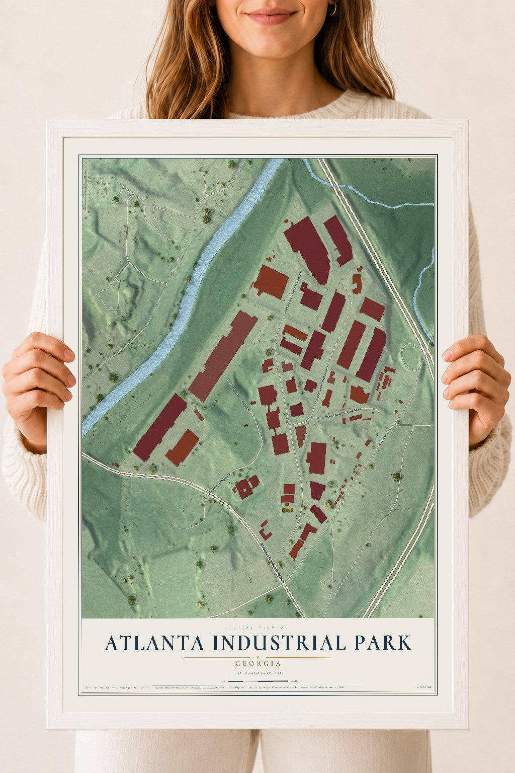 Atlanta Industrial Park, Georgia map print, 18" x 24" W/ White Ayous Wood Frame mockup