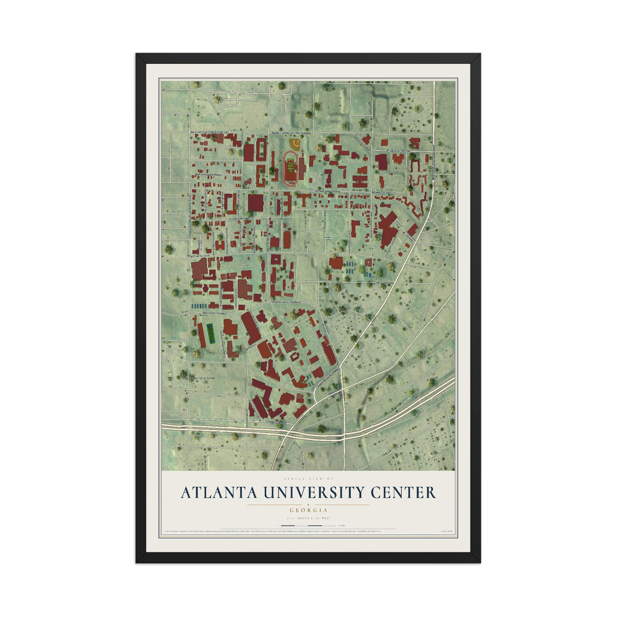 Atlanta University Center, Georgia map print, 12" x 18" W/ Black Ayous Wood Frame mockup