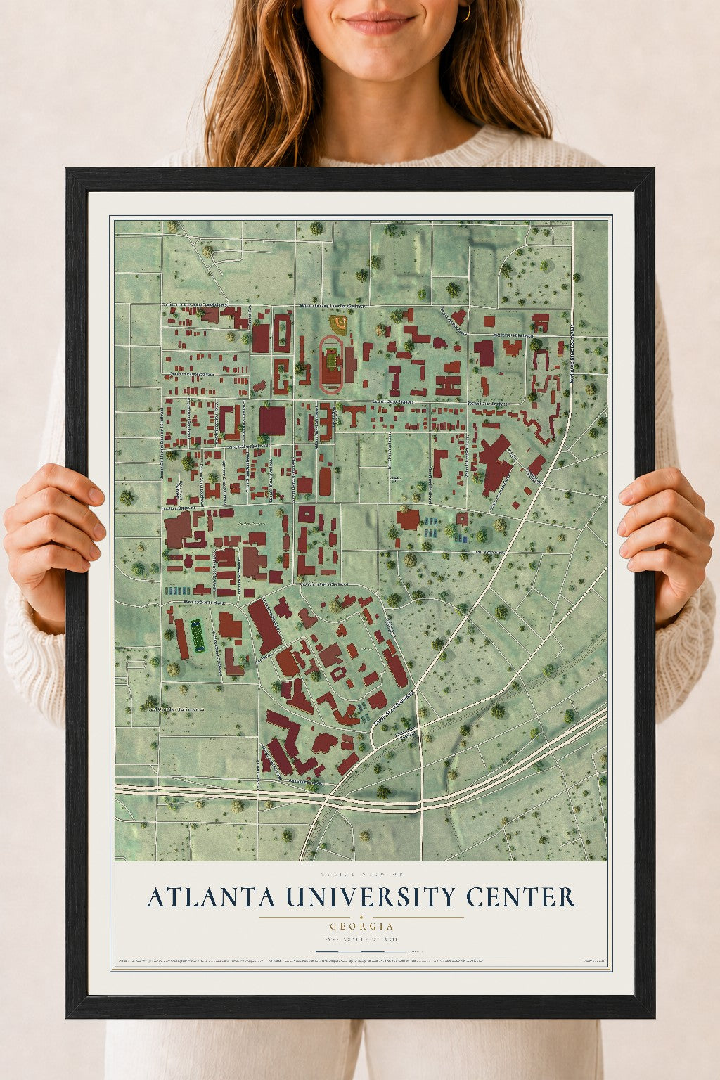 Atlanta University Center, Georgia map print, 18" x 24" W/ Black Ayous Wood Frame mockup