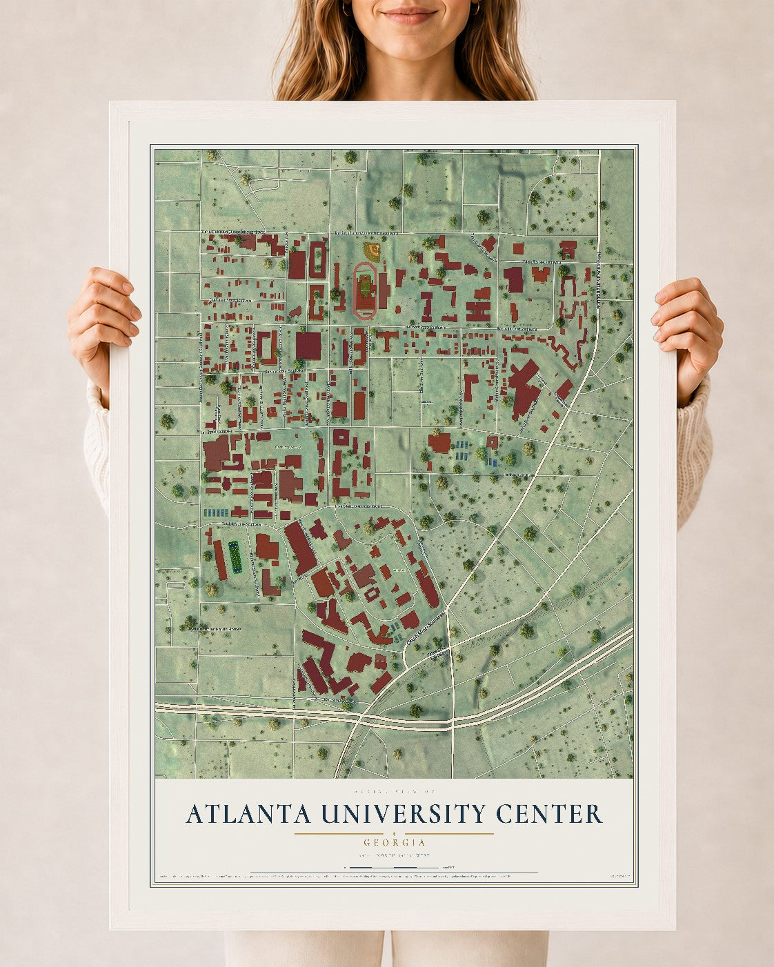 Atlanta University Center, Georgia map print, 24" x 36" W/ White Ayous Wood Frame mockup