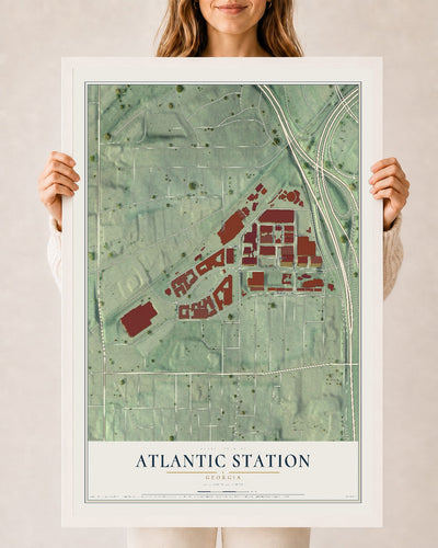 Atlantic Station, Georgia map print, 24" x 36" W/ White Ayous Wood Frame mockup